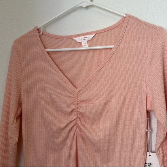 Lauren Conrad Soft Stretchy Ruched V-Neck Long Sleeve Fitted Top Light Pink - Picture 4 of 7